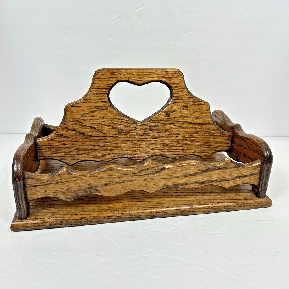 Vintage Wooden Caddy 8" x 13" Handle 80's Scalloped Edge Oak Napkins Utensils